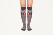 MEGAN - Cotton Blend Diamond Motif Knee Socks in Grey & Red