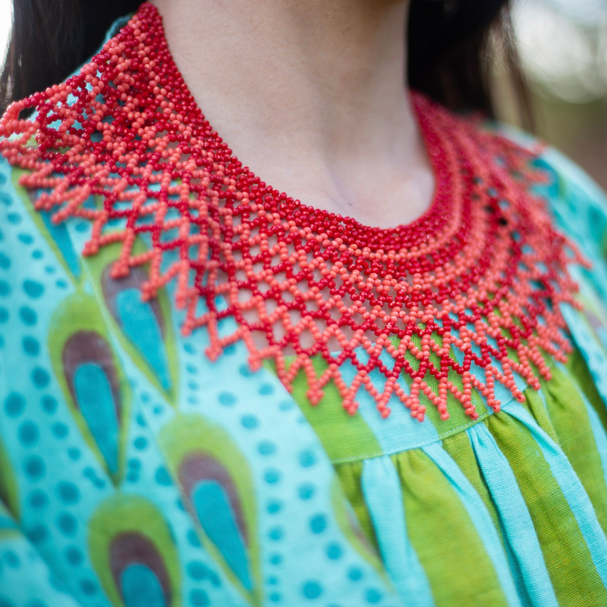 Beaded Collar Necklace - Coral/Red Stripe