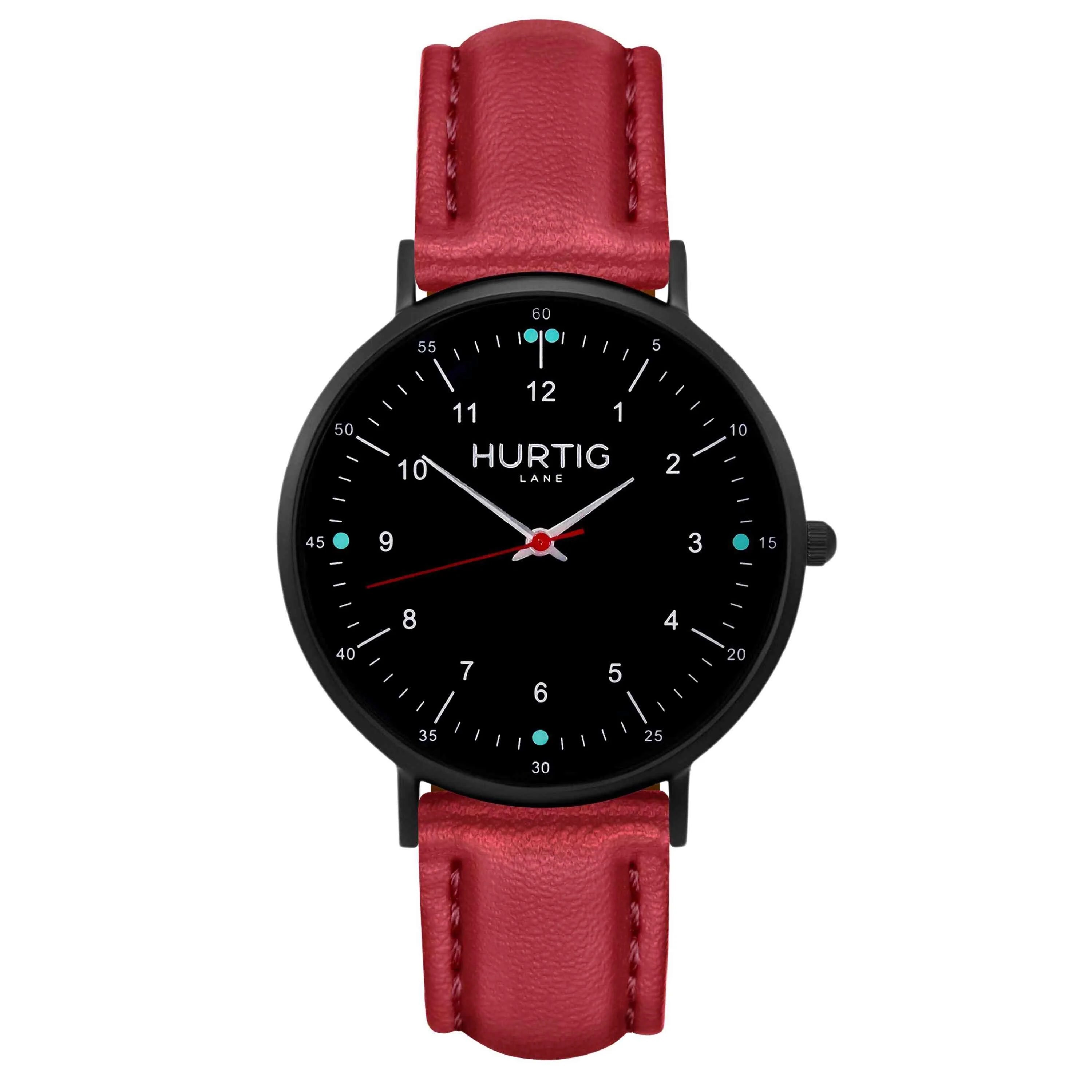 Moderna Vegan Leather Watch All Black & Cherry Red