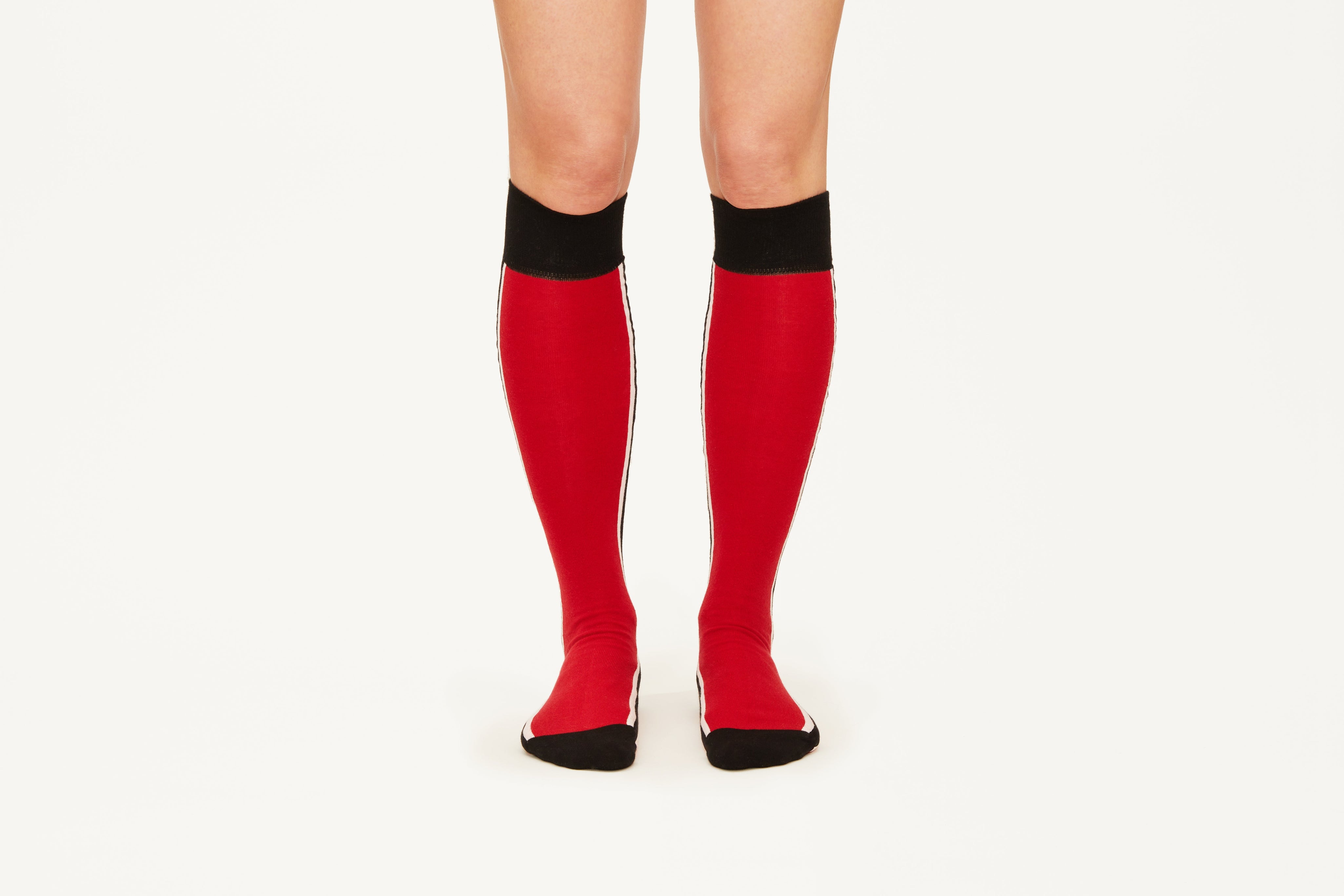 ELLA - Red/Black Double Side Stripes Cotton Blend Knee Socks