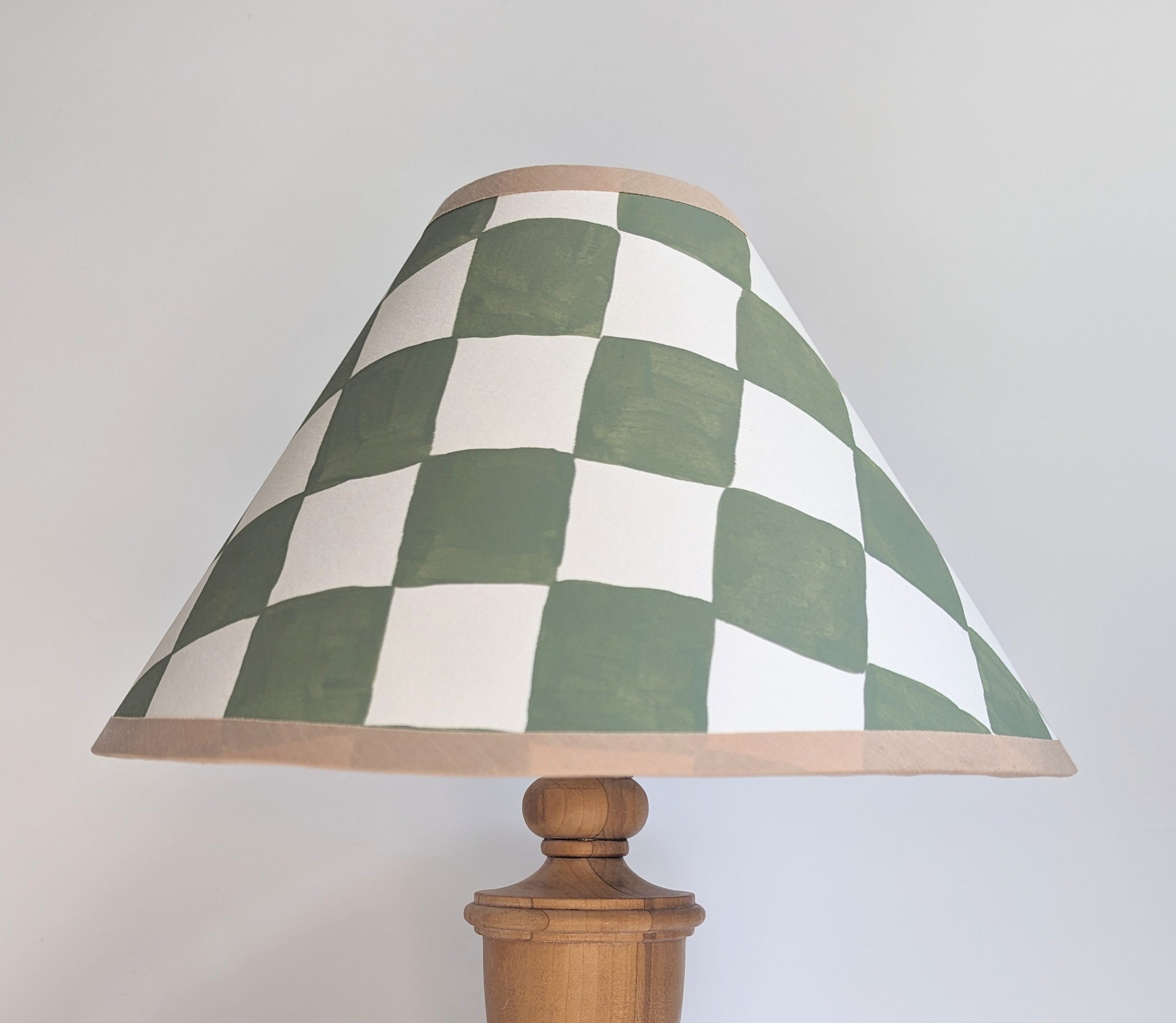A Pair of Green & Cream Checkerboard Hand Painted Lampshades