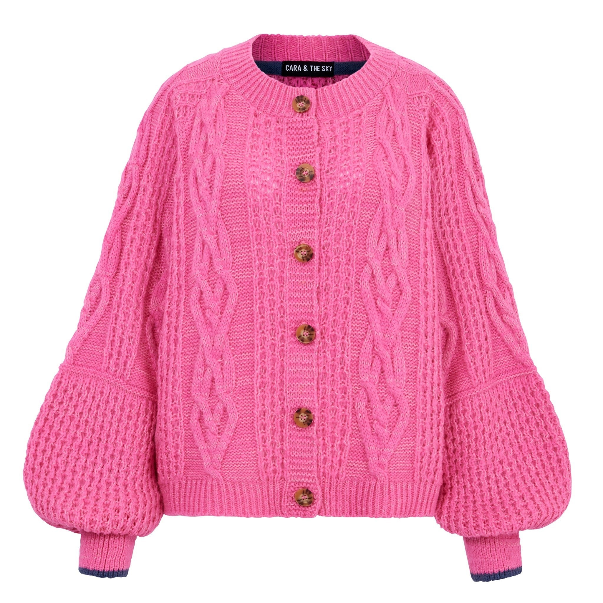 Heart Pom Balloon Sleeve Knit Cardigan in high quality Dusty Pink