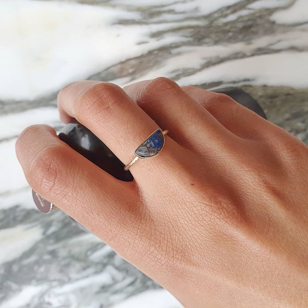 18ct Gold Vermeil Lapis Lazuli Gemstone Crystal Half Moon  Ring