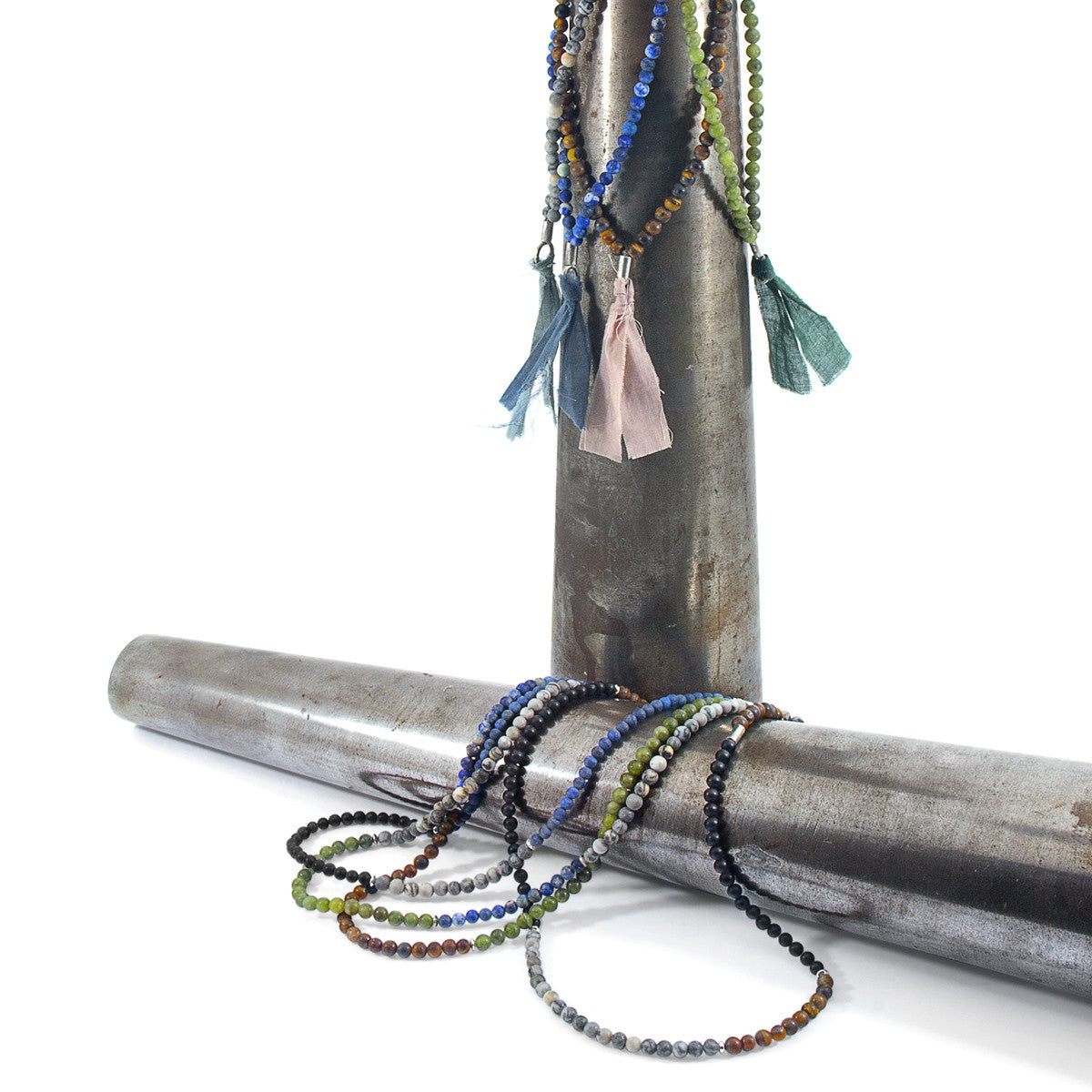 Brown Tigers Eye, Blue Sodalite and Green Jade Isaac Silver and Stone SKINNY Necklace x Wrap Bracelet