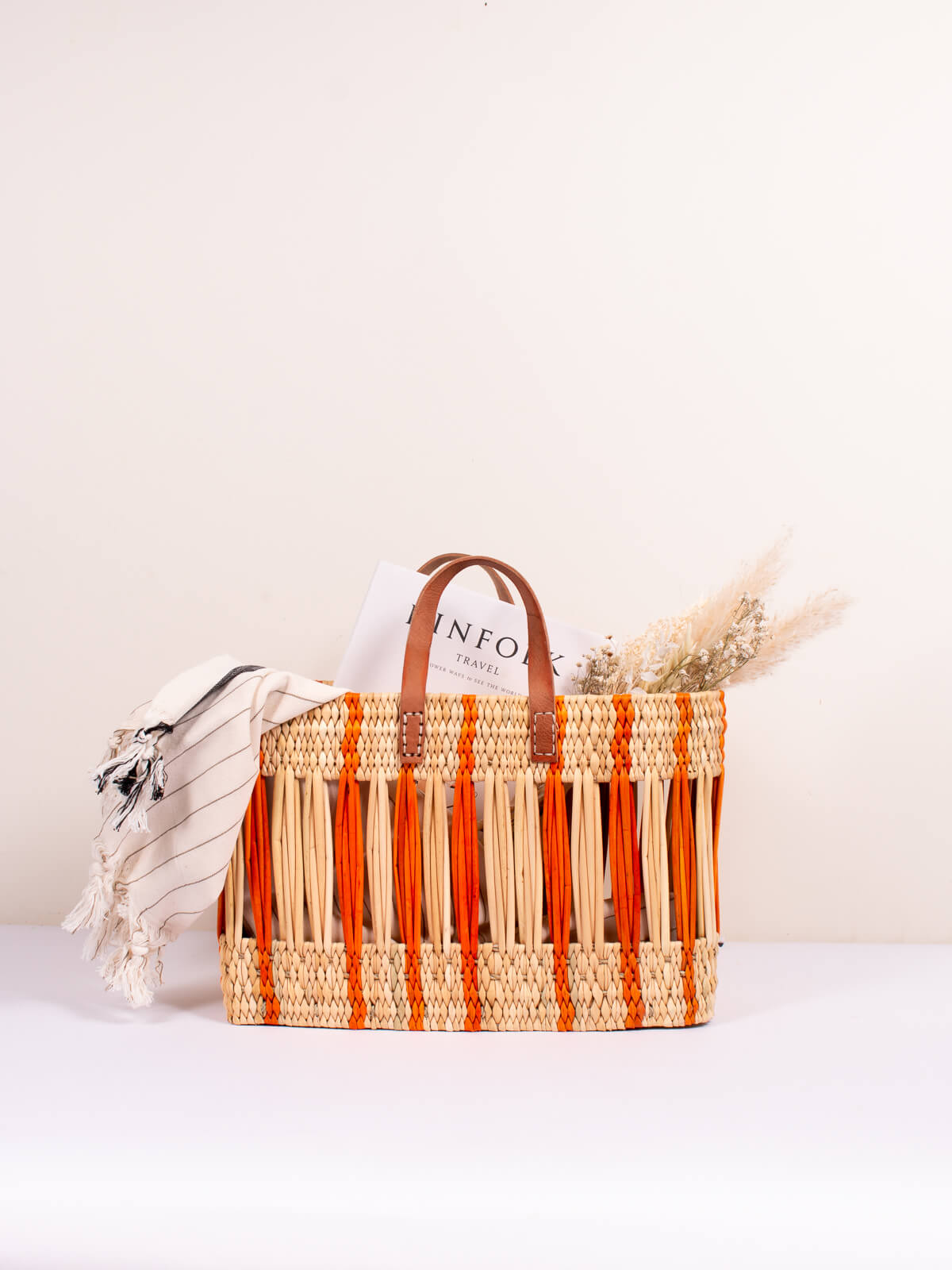 Decorative Reed Basket, Orange Stripe
