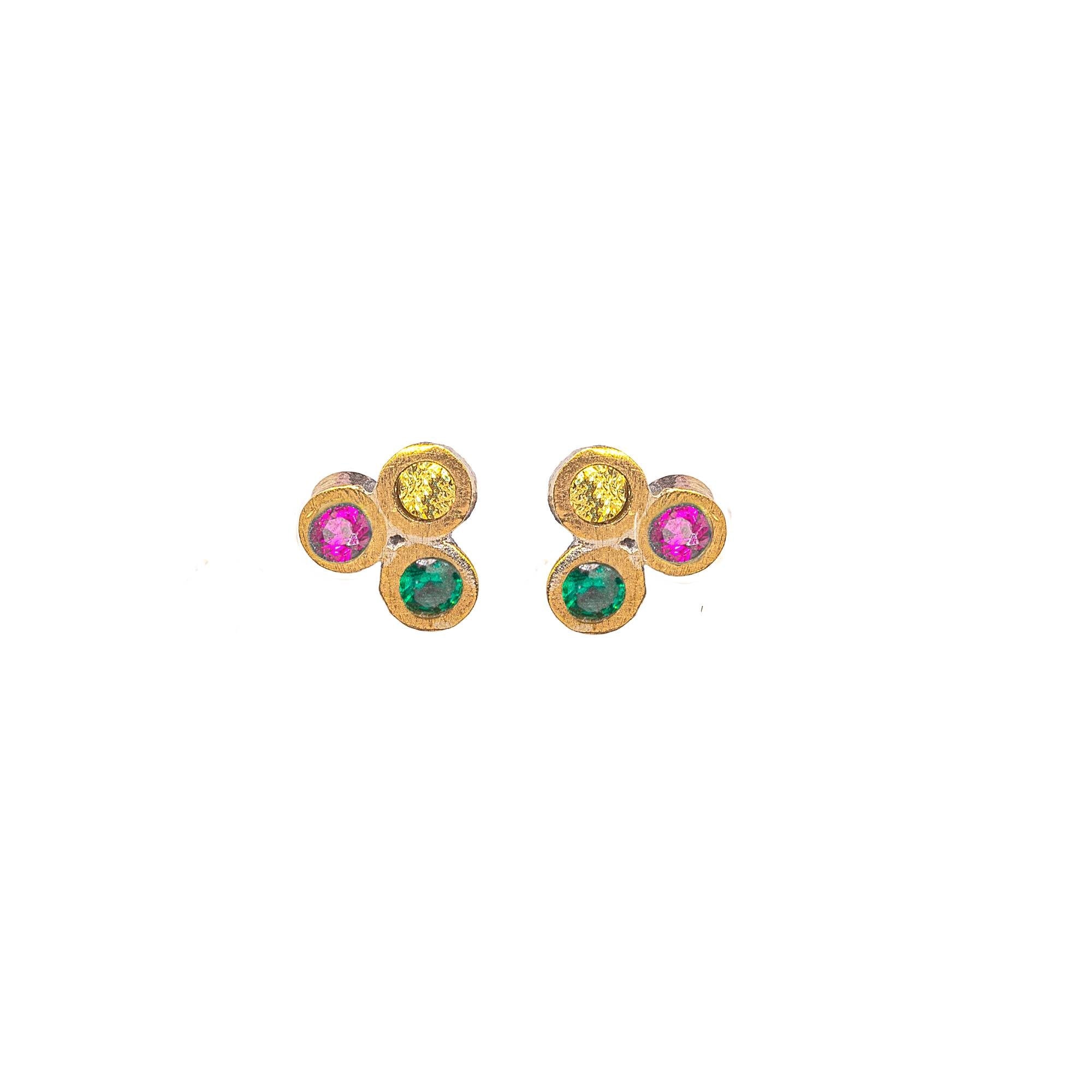 Disco Dots Trio Diamond, Emerald, Ruby or Pink, Yellow or Blue Sapphire Stud Earrings