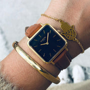 Neliö Square Vegan Leather Watch Gold, Black & Tan
