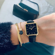 Neliö Square Vegan Leather Watch Gold, Black & Black
