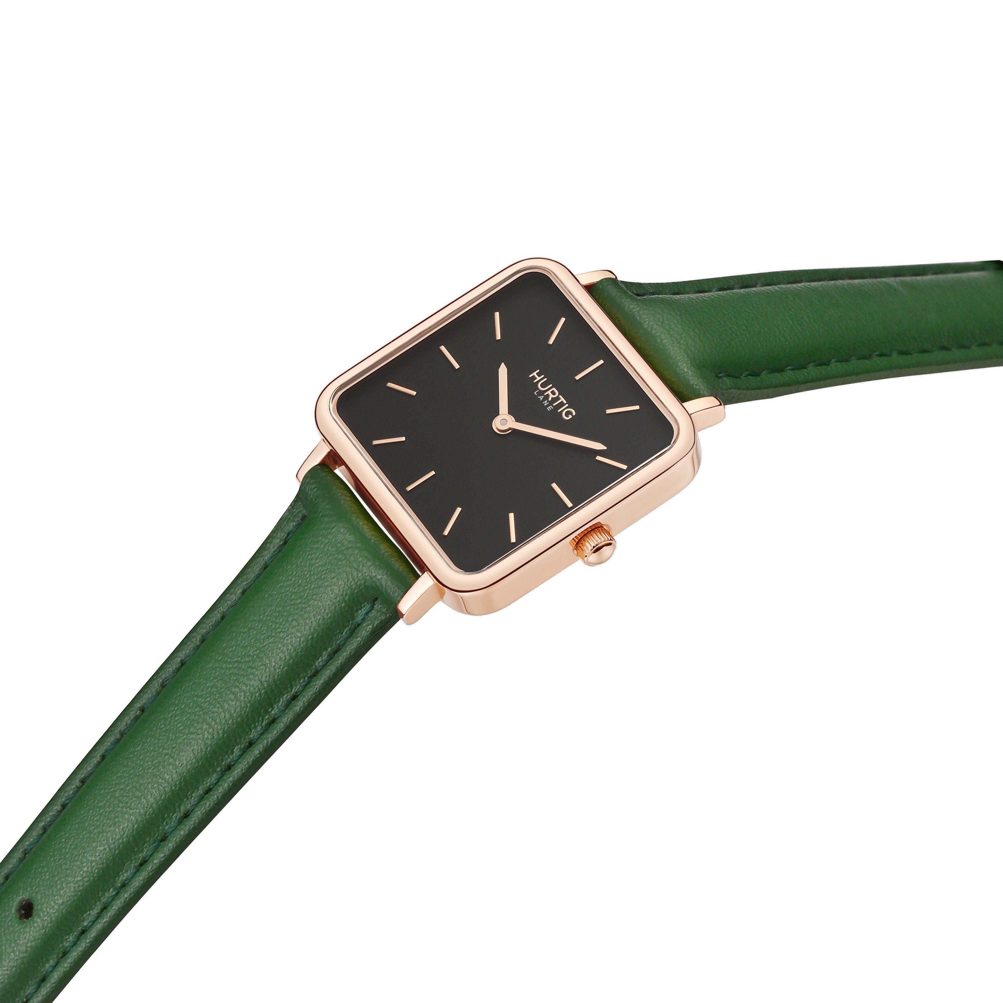 Neliö Square Vegan Leather Watch Rose Gold, Black & Green