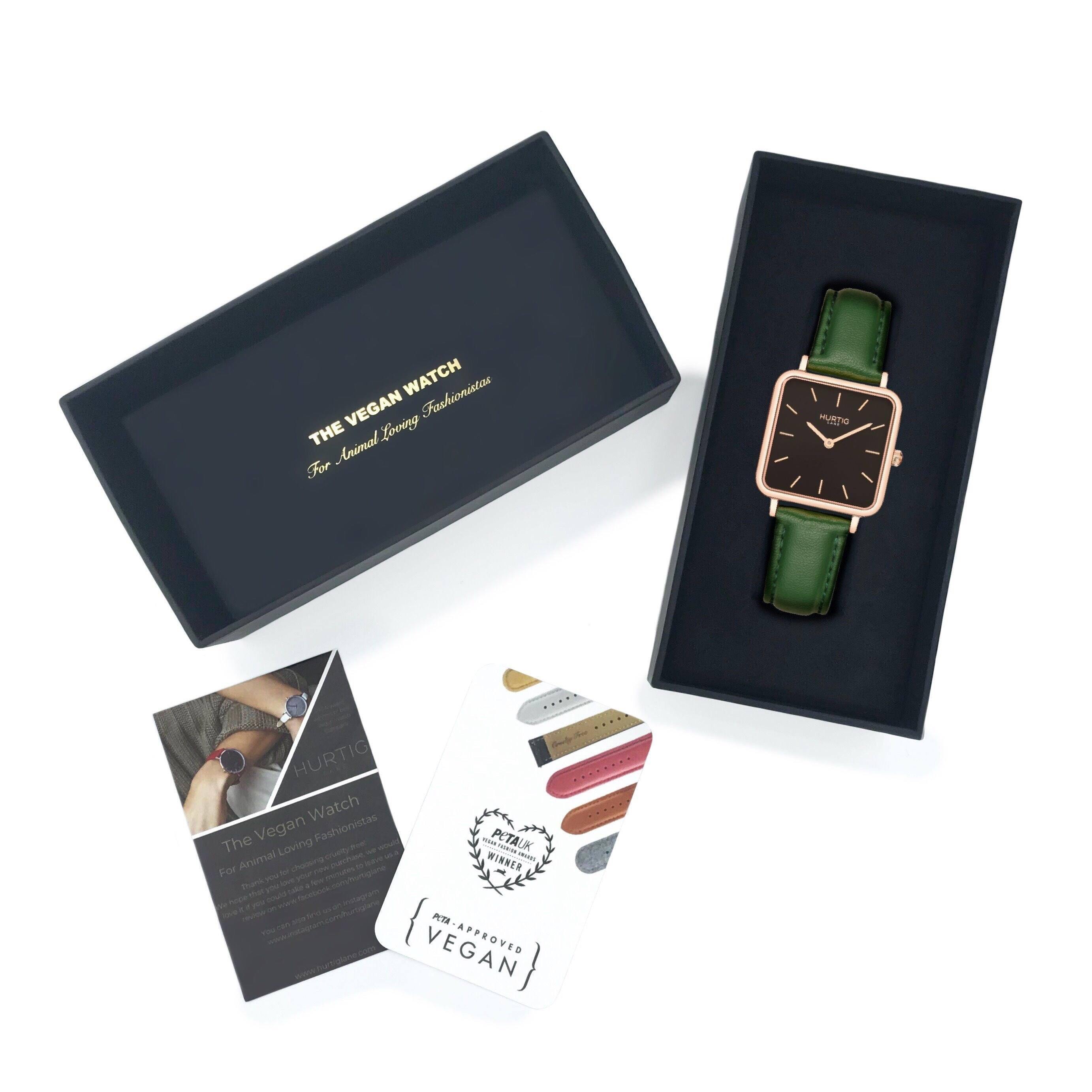 Neliö Square Vegan Leather Watch Rose Gold, Black & Green