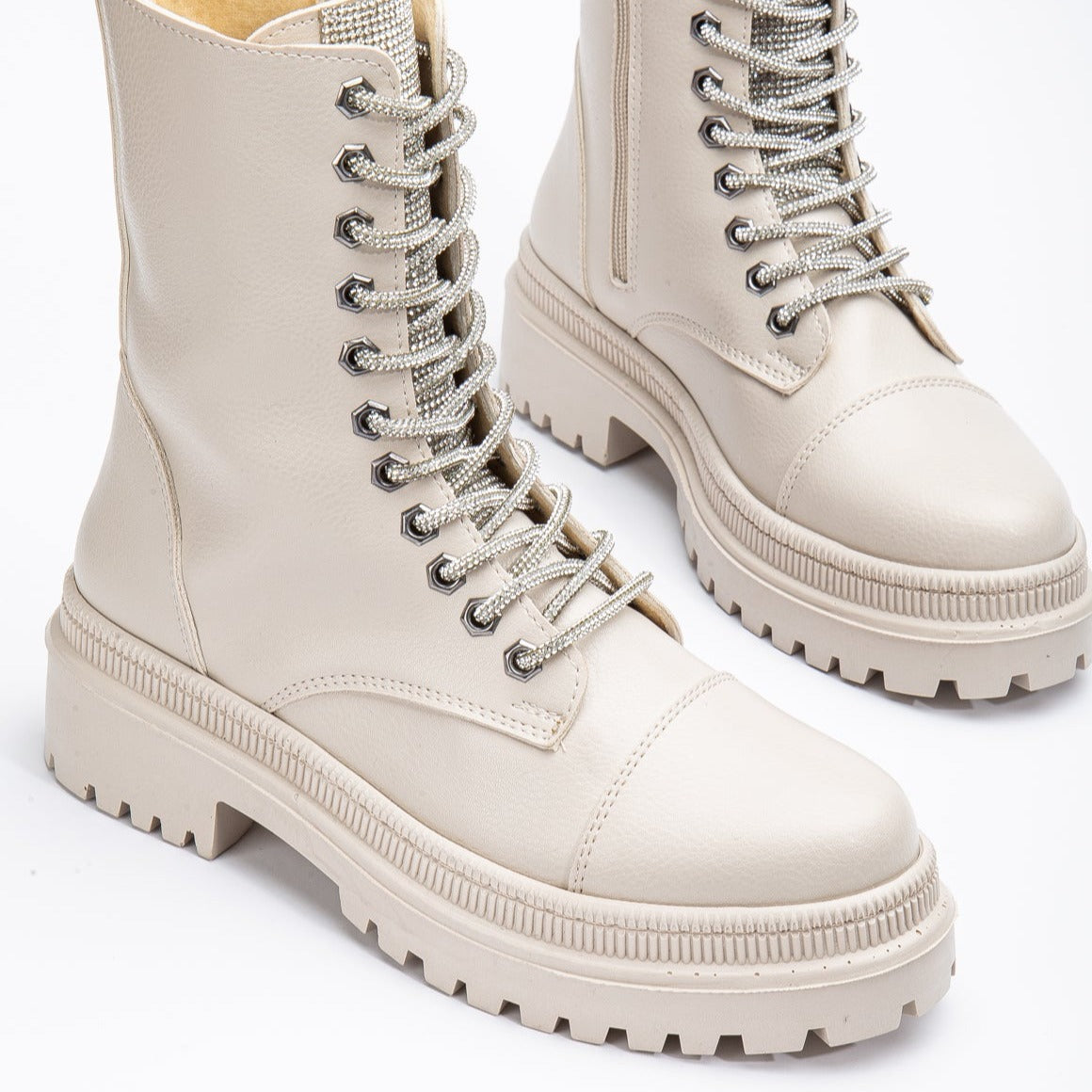 Selene - Beige Combat Boots with Sparkling Laces