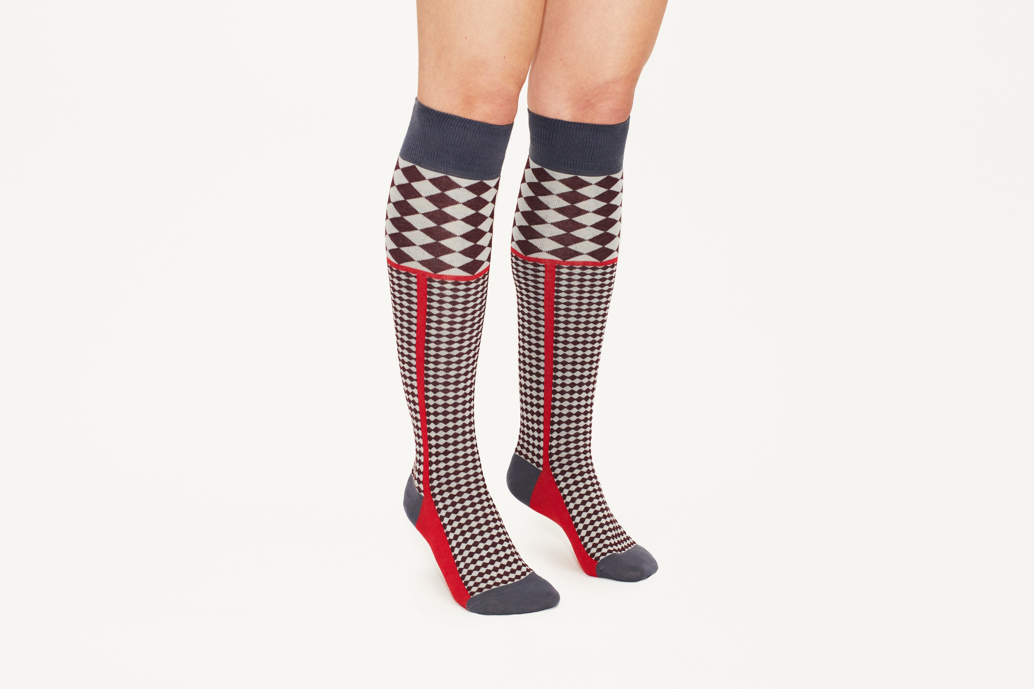 MEGAN - Cotton Blend Diamond Motif Knee Socks in Grey & Red