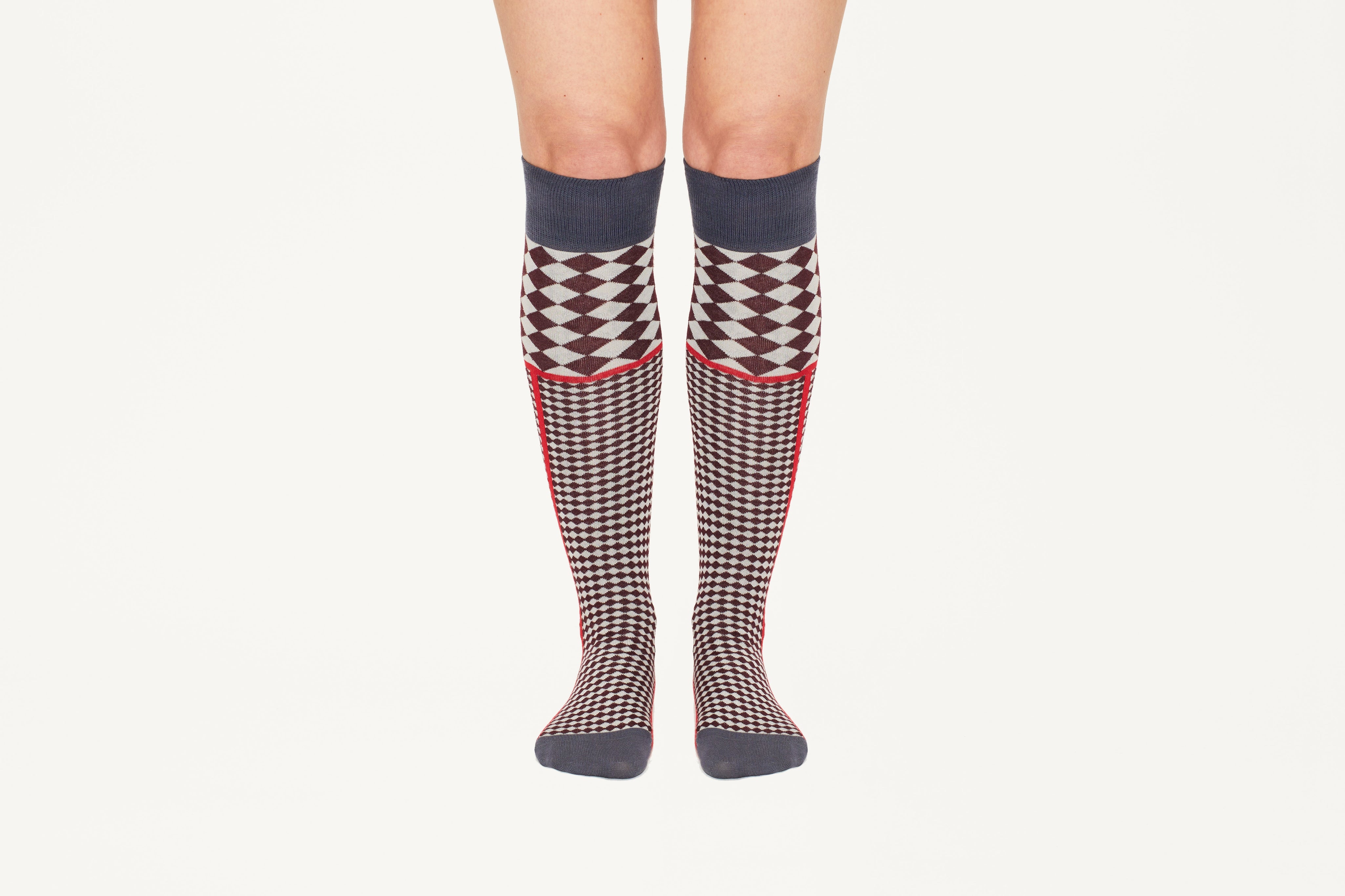 MEGAN - Cotton Blend Diamond Motif Knee Socks in Grey & Red