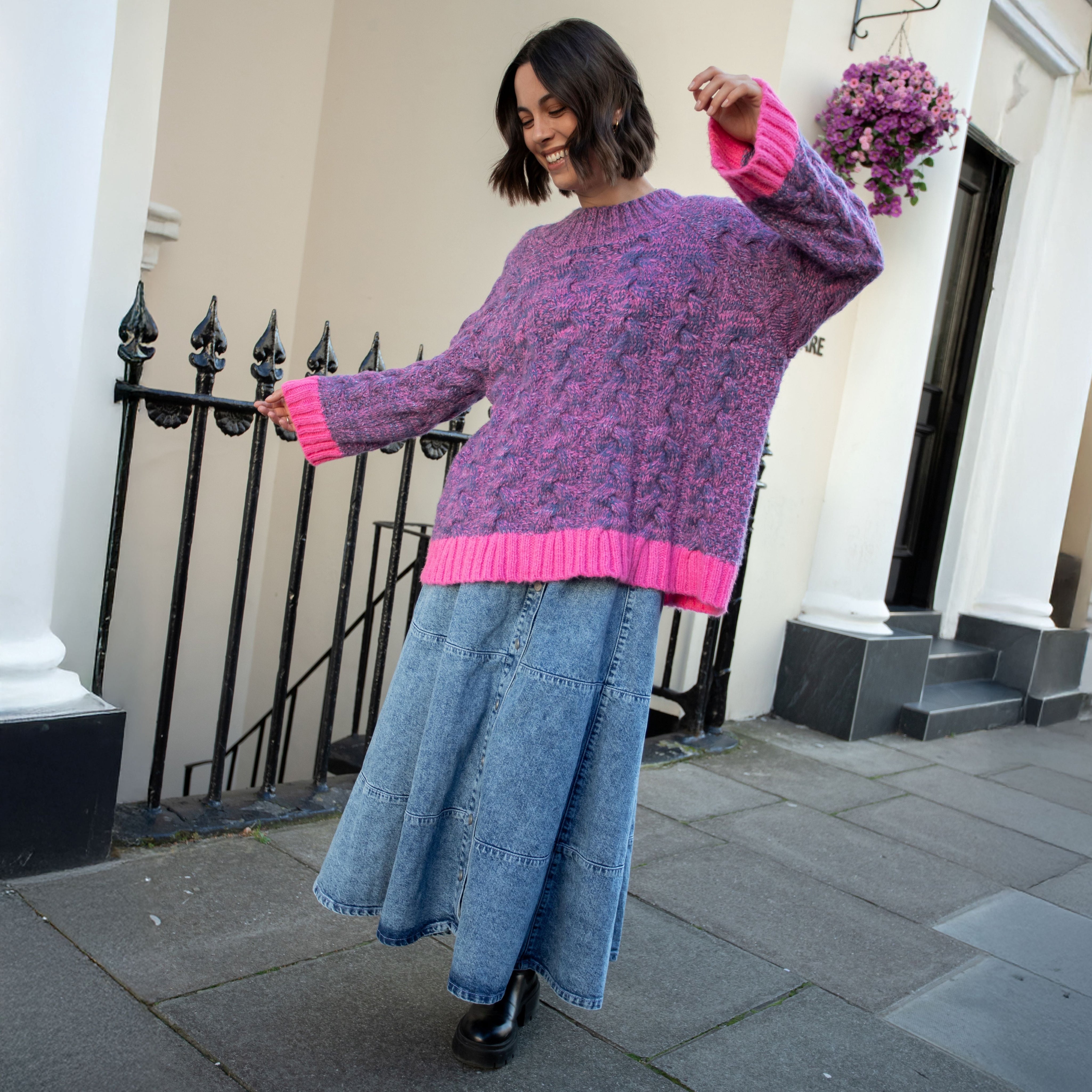 Jennie Cable High Neck Balloon Sleeve Jumper - Denim