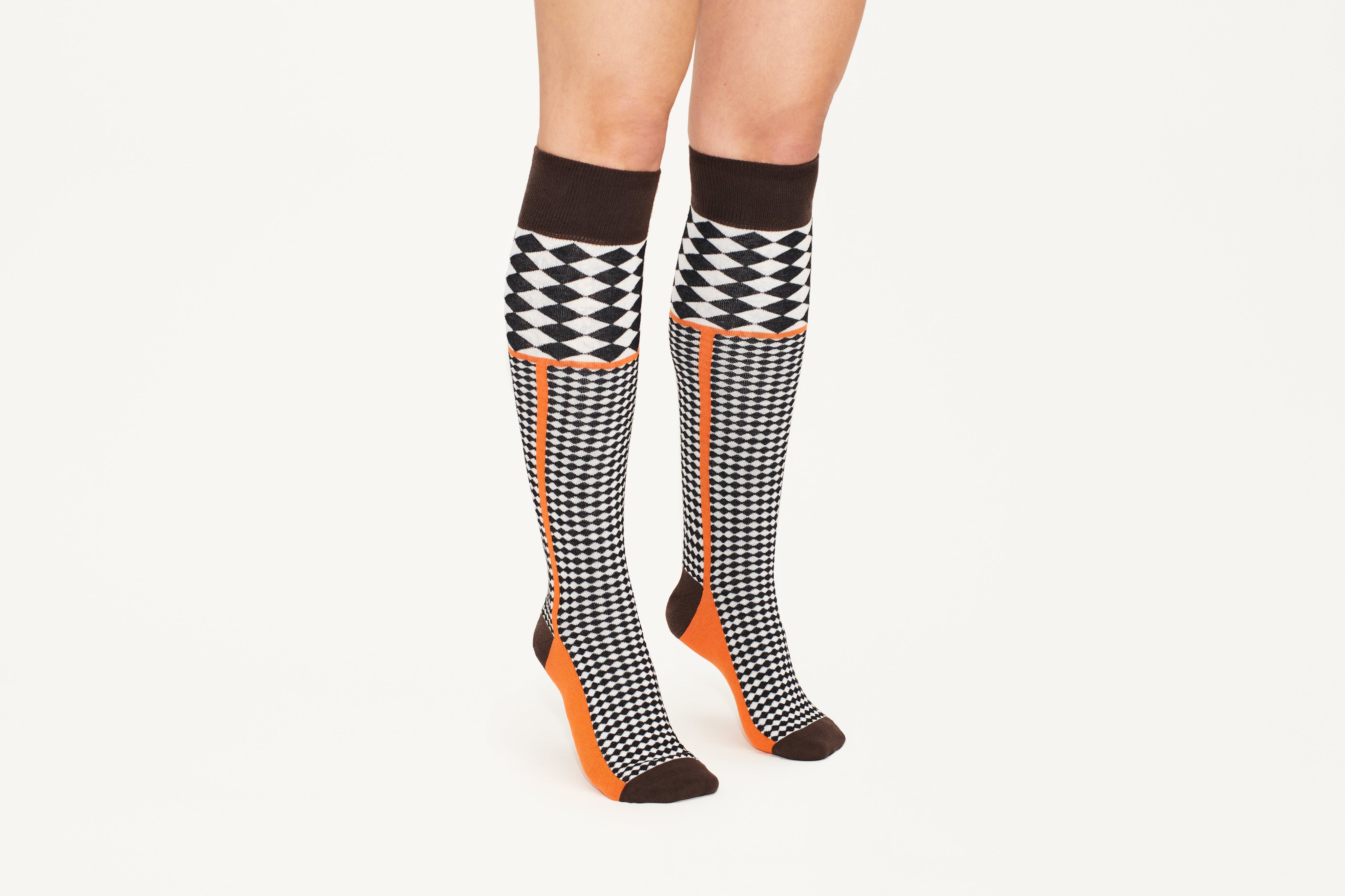 MEGAN - Cotton Blend Diamond Motif Knee Socks in Brown & Orange