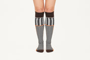 MEGAN - Cotton Blend Diamond Motif Knee Socks in Brown & Orange