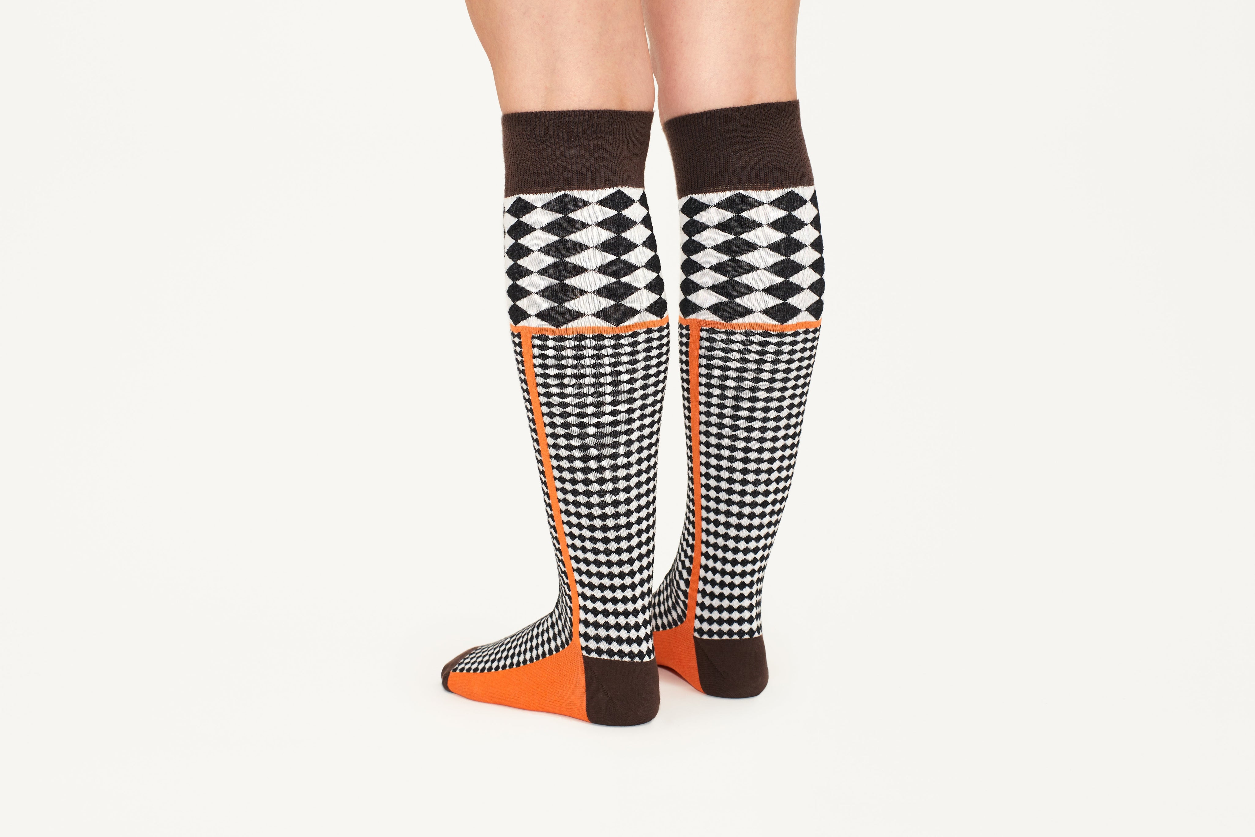 MEGAN - Cotton Blend Diamond Motif Knee Socks in Brown & Orange