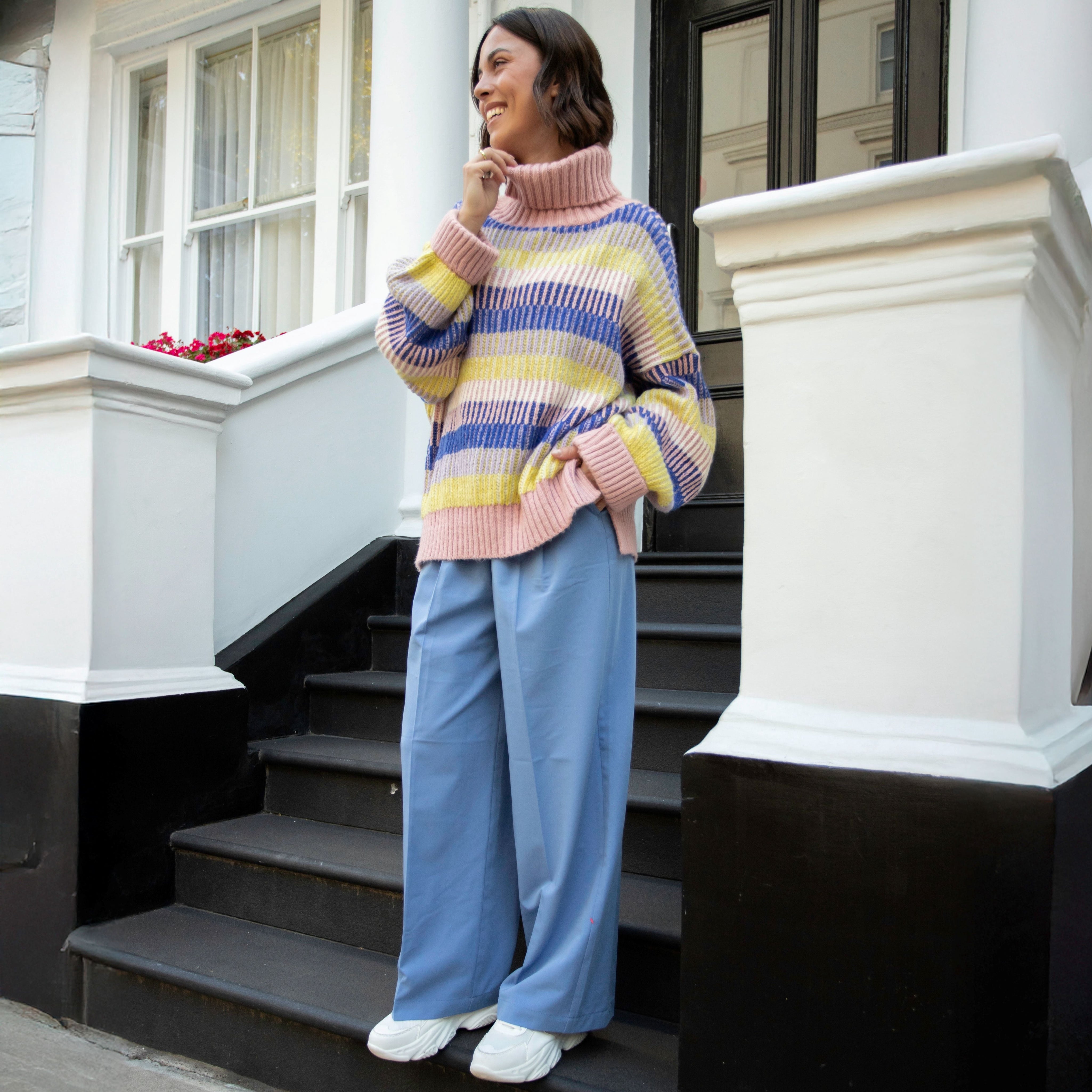 Tasha Oversized Balloon Sleeve Stripe Roll Neck Jumper - Pink