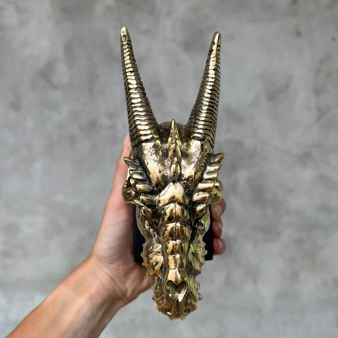 Polished Bronze Dragon Head Sculpture on Stand