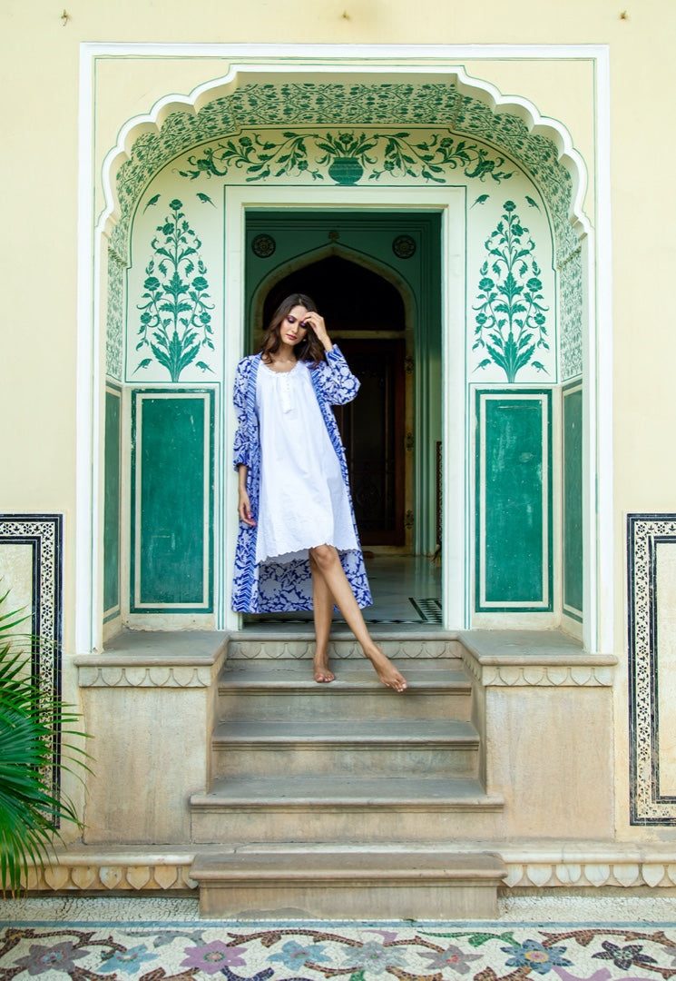 Hand Printed Cotton Kimono Robe -  China Blue