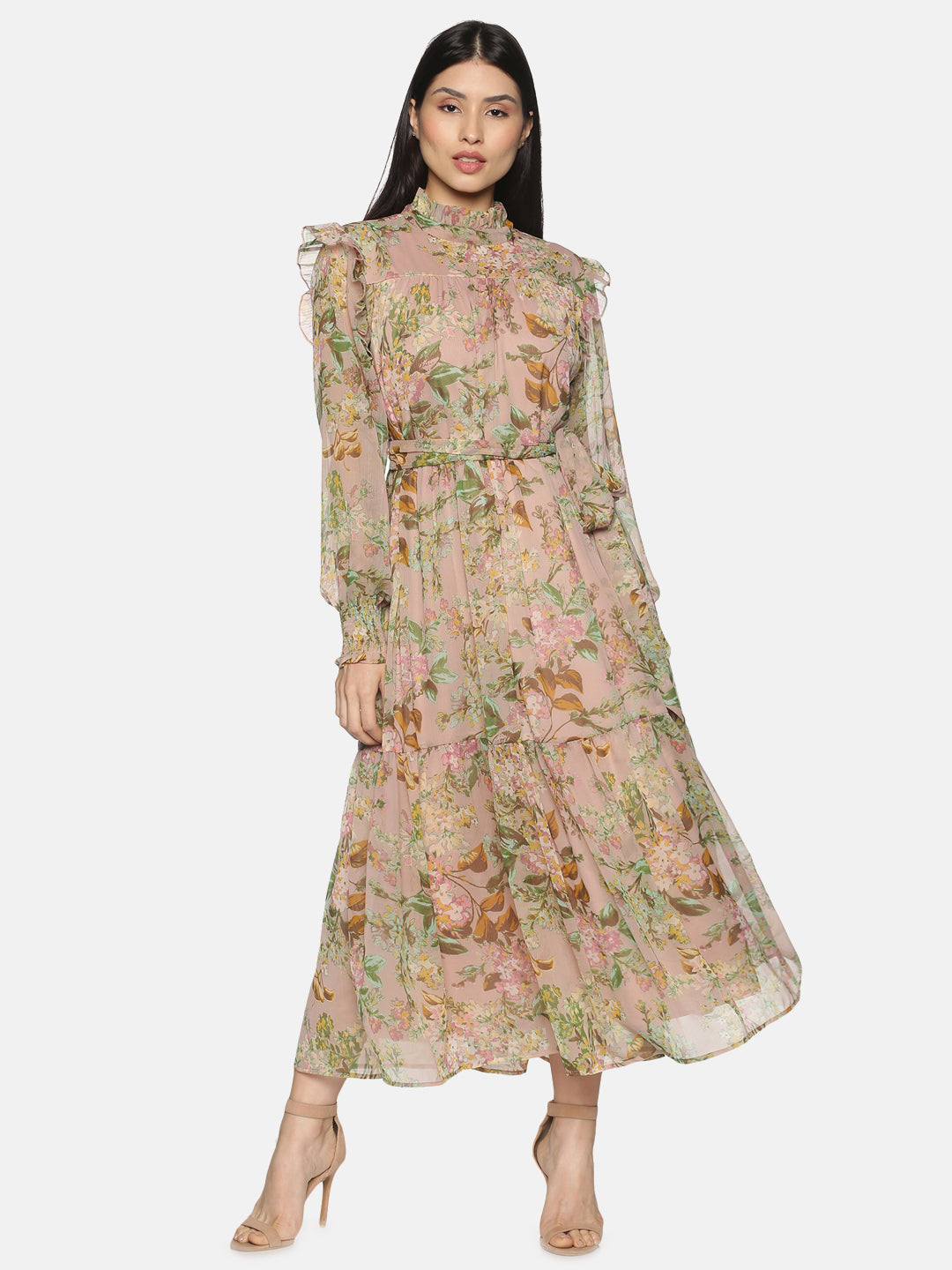 IS.U Beige Floral Tiered Midaxi Dress