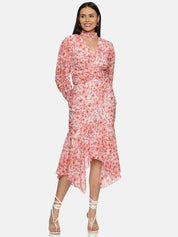 IS.U Floral Orange High Neck Fit And Flare Dress