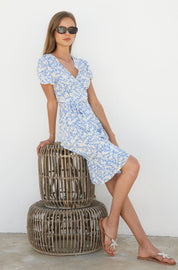 Chelsea EcoVero™ Wrap Dress | Clematis Vines Mono Pale Blue/White