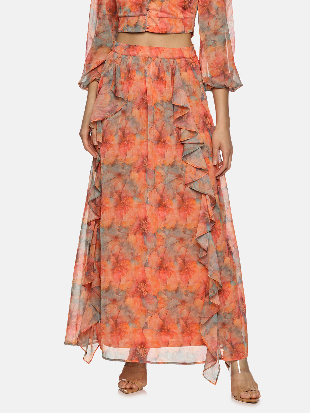 IS.U Floral Orange Flare Detail Maxi Skirt