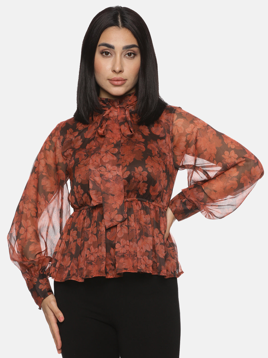 IS.U Floral Brown Front Tie Knot Peplum Top