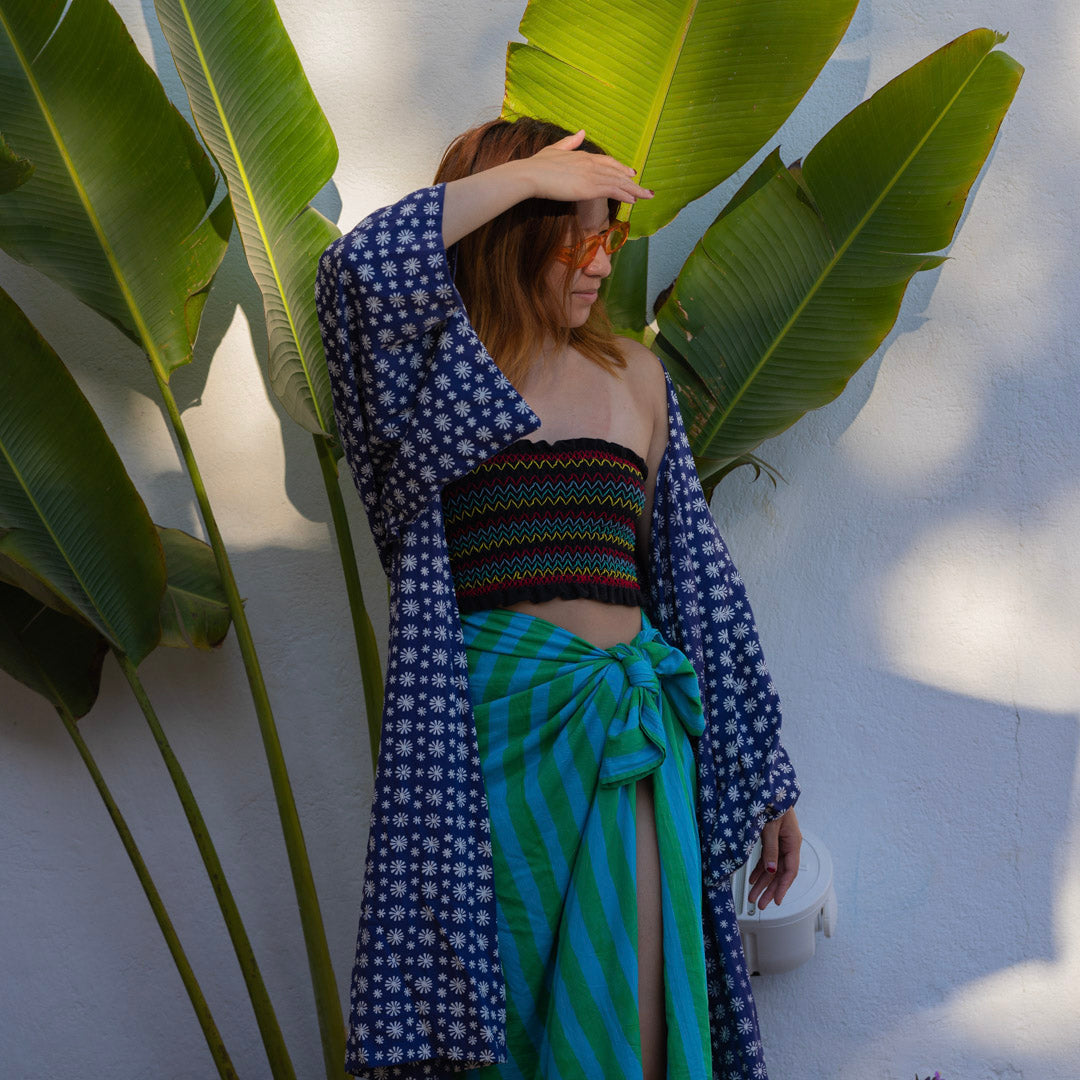 Anni Sarong with Tassels in Blue and Green Cabana Stripe