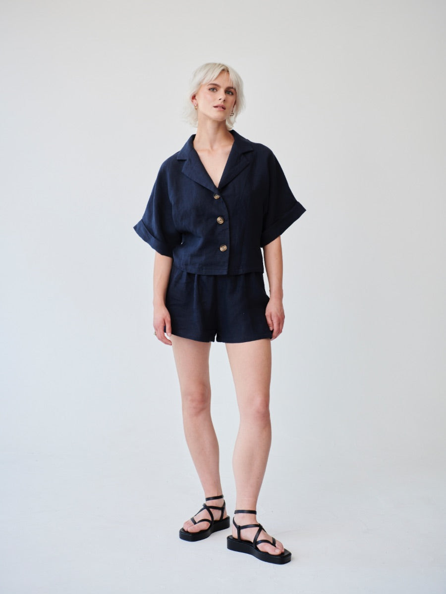 Ethically Made Navy Linen Lounge Co-ord Short Set