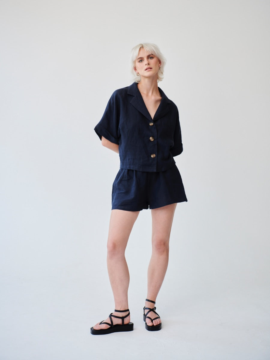 Ethically Made Navy Linen Lounge Co-ord Short Set