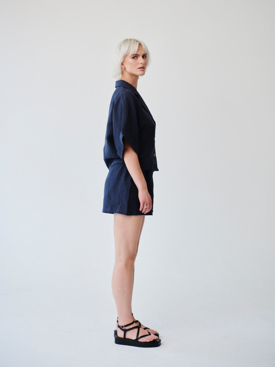 Ethically Made Navy Linen Lounge Co-ord Short Set