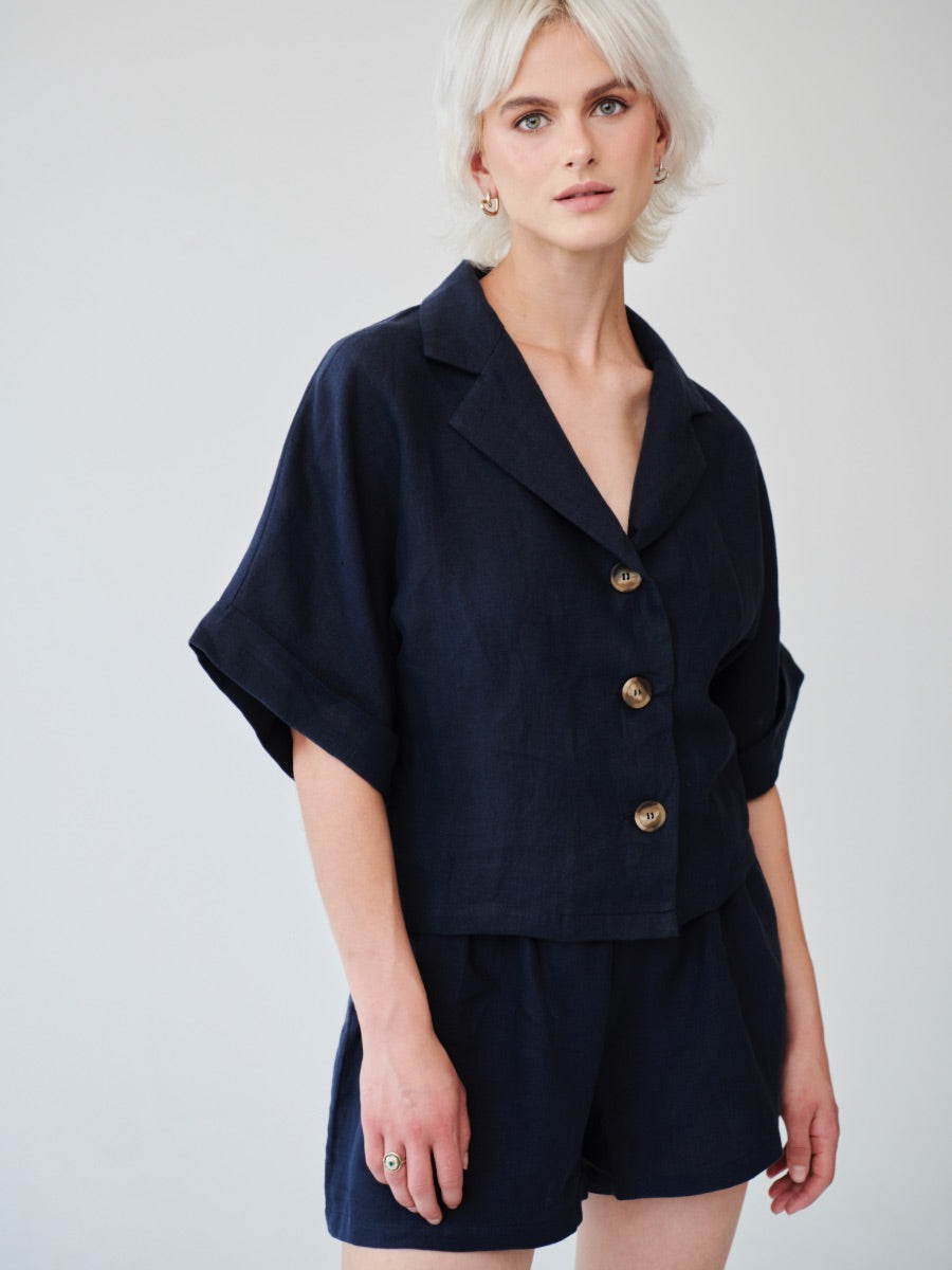 Ethically Made Navy Linen Lounge Co-ord Short Set