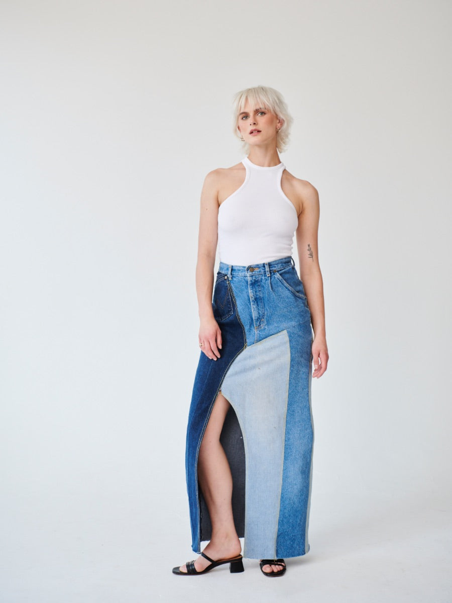 High Waisted Upcycled Patchwork Denim Long Skirt with Slit