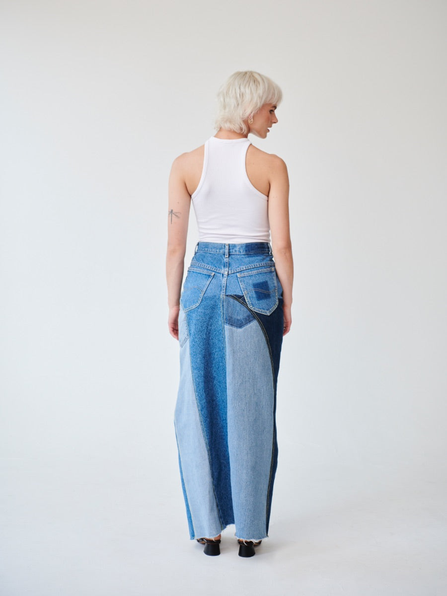 High Waisted Upcycled Patchwork Denim Long Skirt with Slit