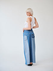 High Waisted Upcycled Patchwork Denim Long Skirt with Slit