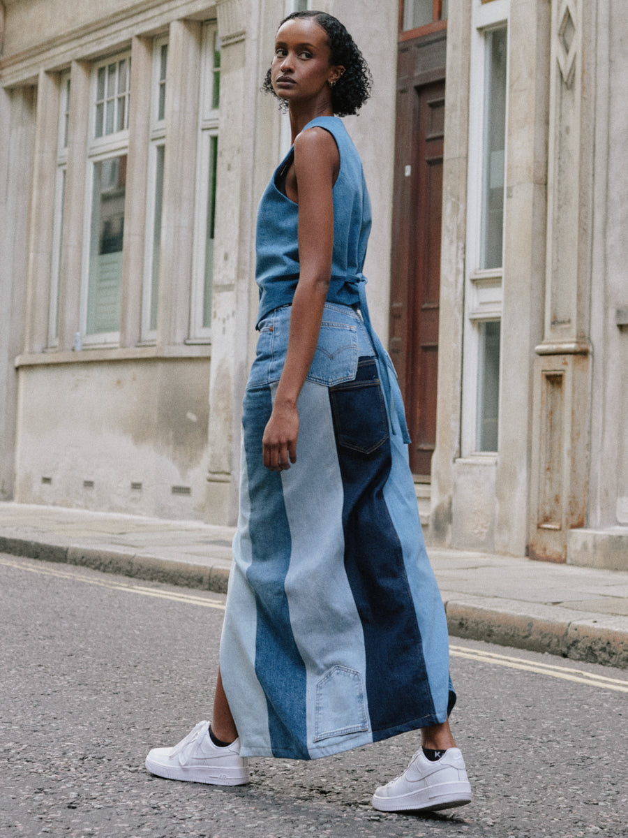 High Waisted Upcycled Patchwork Denim Long Skirt with Slit