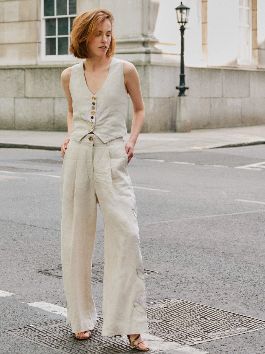 Celeste Floral Linen Trousers in Beige