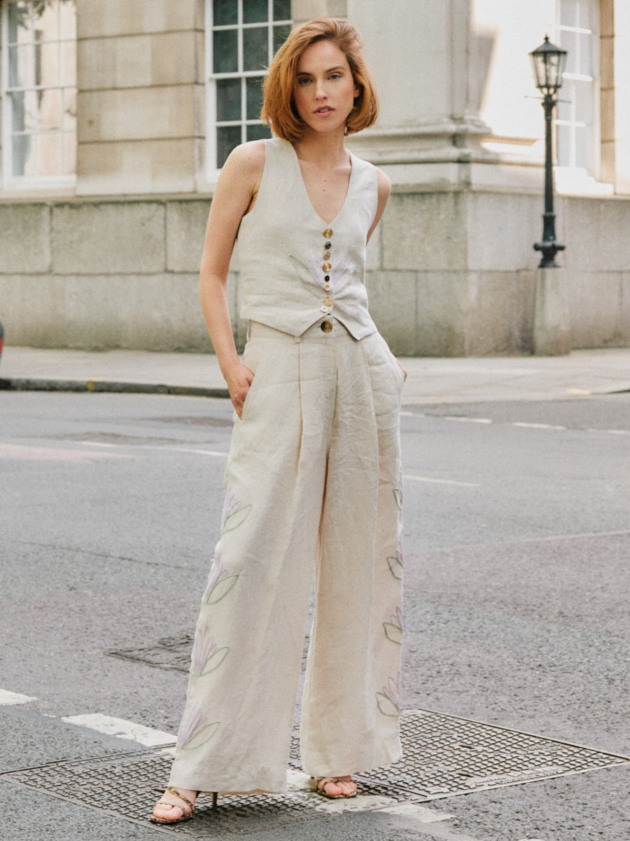 Celeste Floral Linen Trousers in Beige