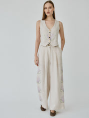 Celeste Floral Linen Trousers in Beige