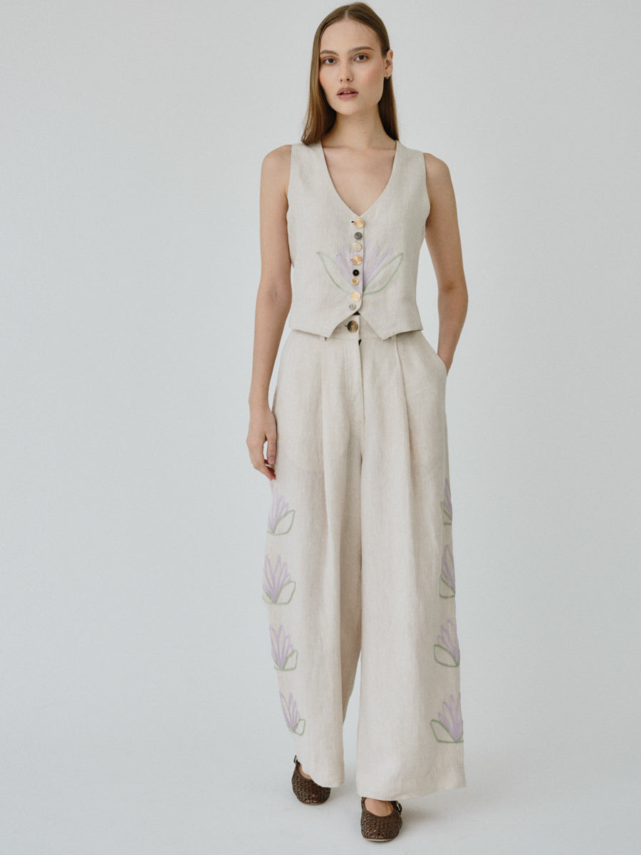 Daphne Floral Linen Waistcoat in Beige