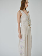 Celeste Floral Linen Trousers in Beige