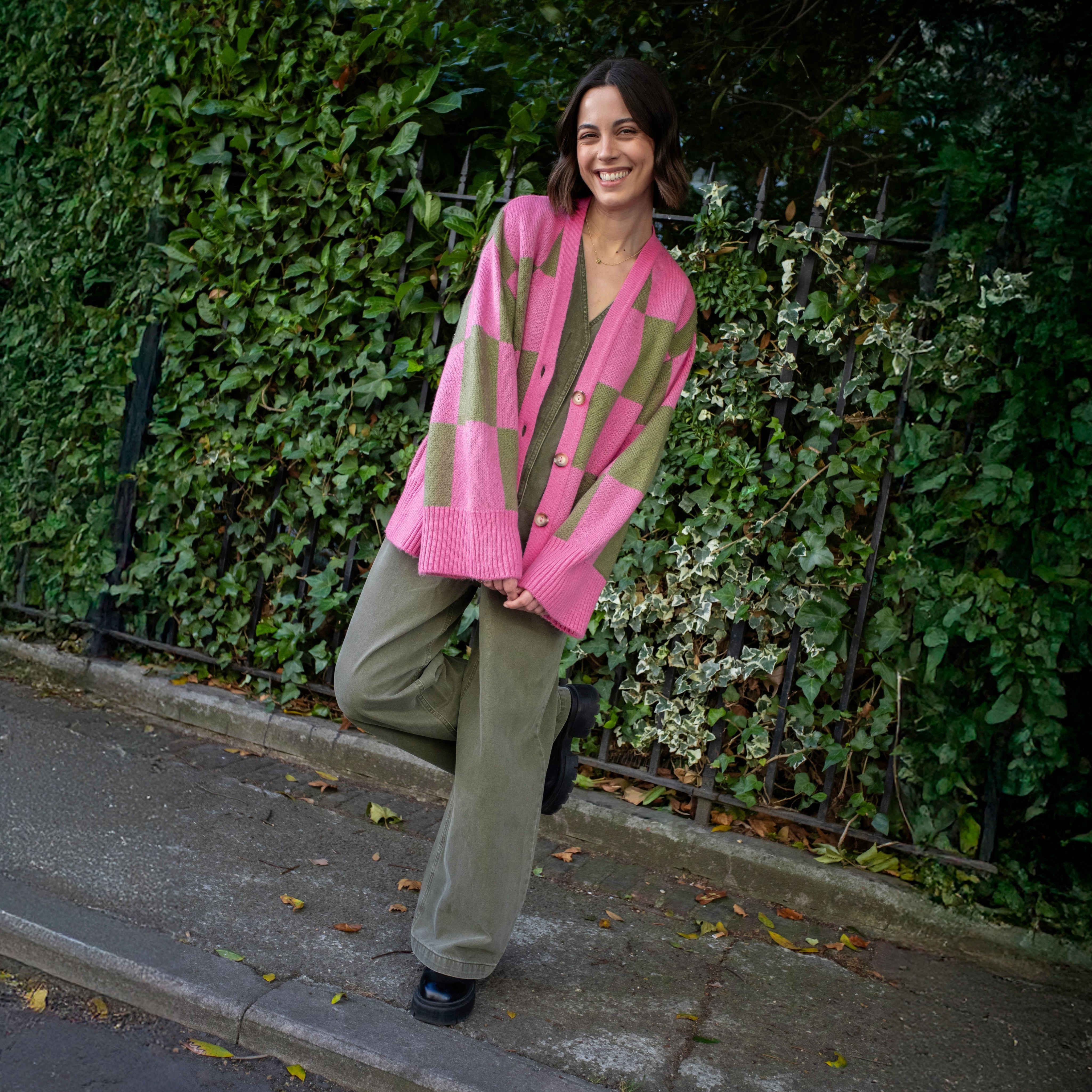 Candice Wide Sleeve Checked Button Cardigan - Pink & Green