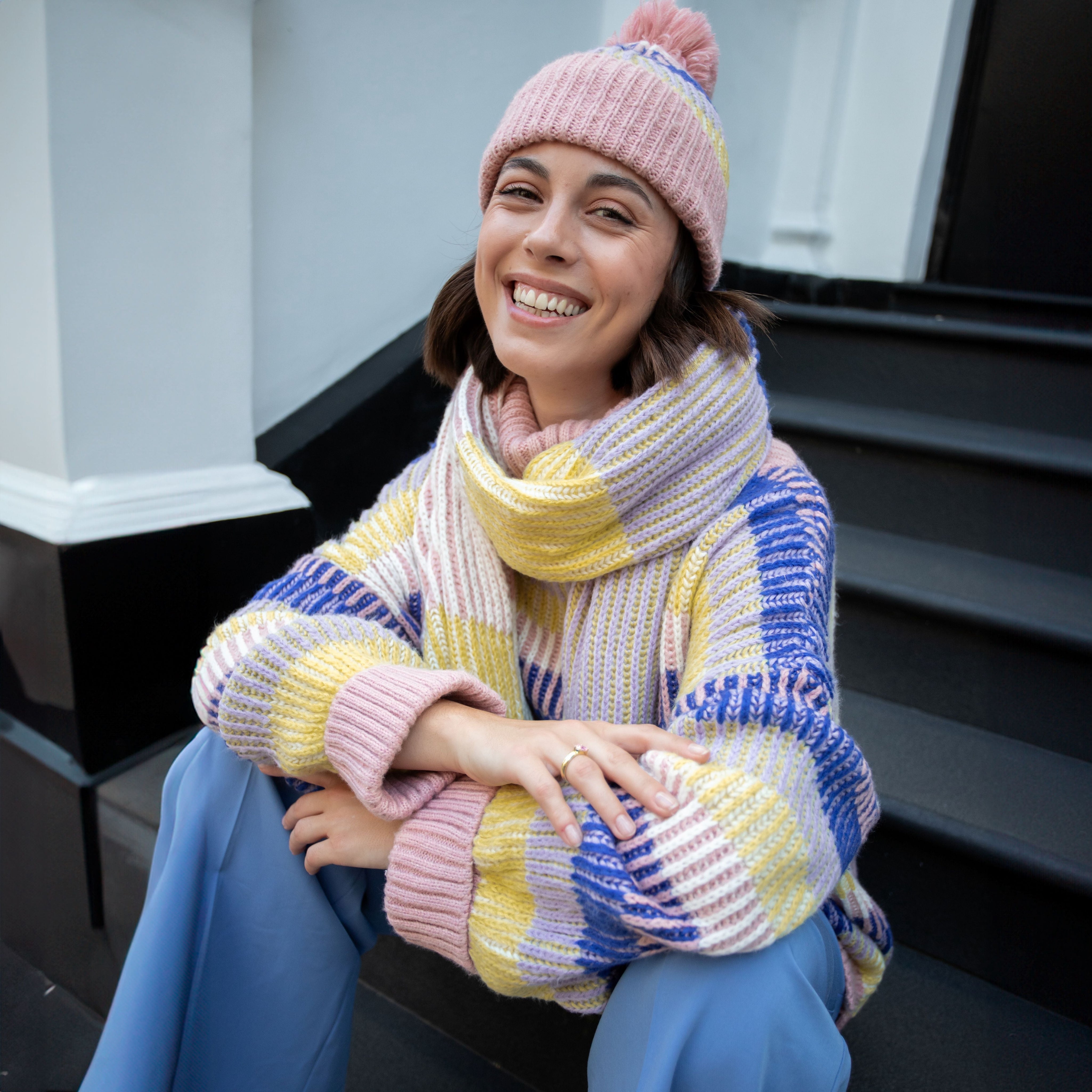 Tasha Oversized Balloon Sleeve Stripe Roll Neck Jumper - Pink