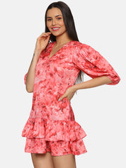 IS.U Floral Coral Two Tiered Ruffle Mini Dress