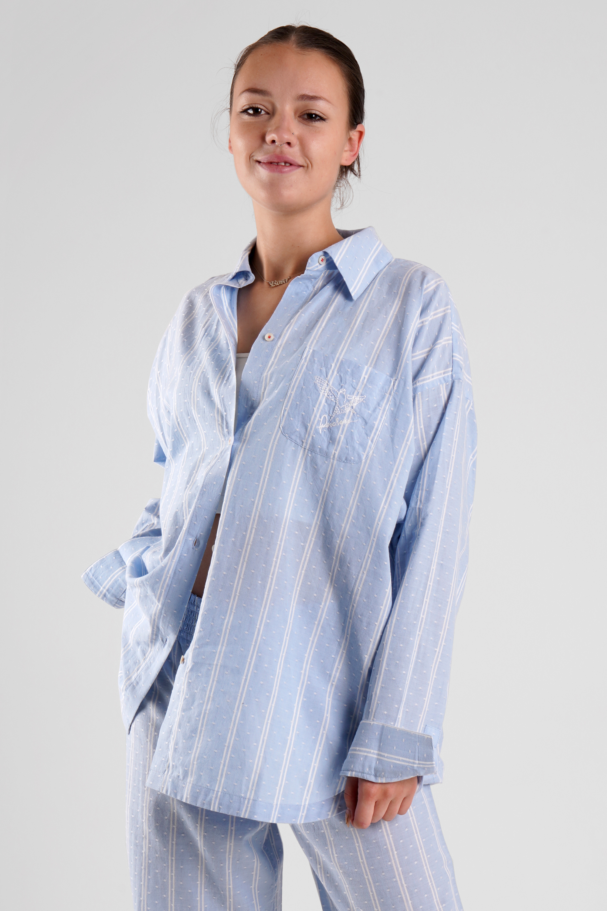 Yew beach stripe ethical-cotton pyjama shirt - Mountain Blue