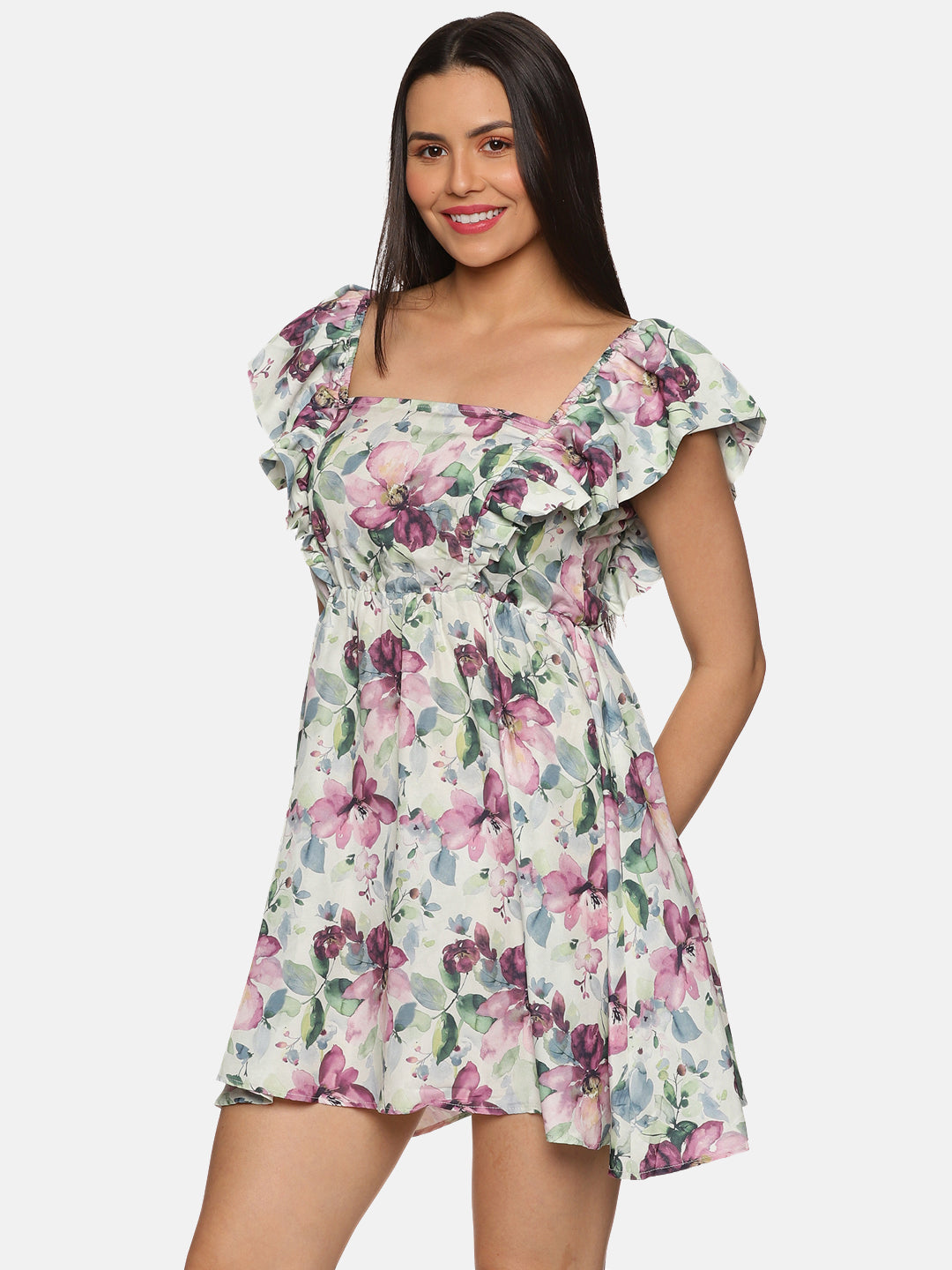 IS.U Floral Multicolor Back Tie-Up Mini Dress