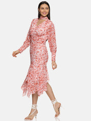 IS.U Floral Orange High Neck Fit And Flare Dress