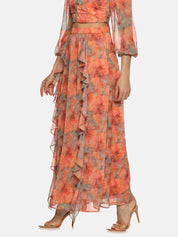 IS.U Floral Orange Flare Detail Maxi Skirt